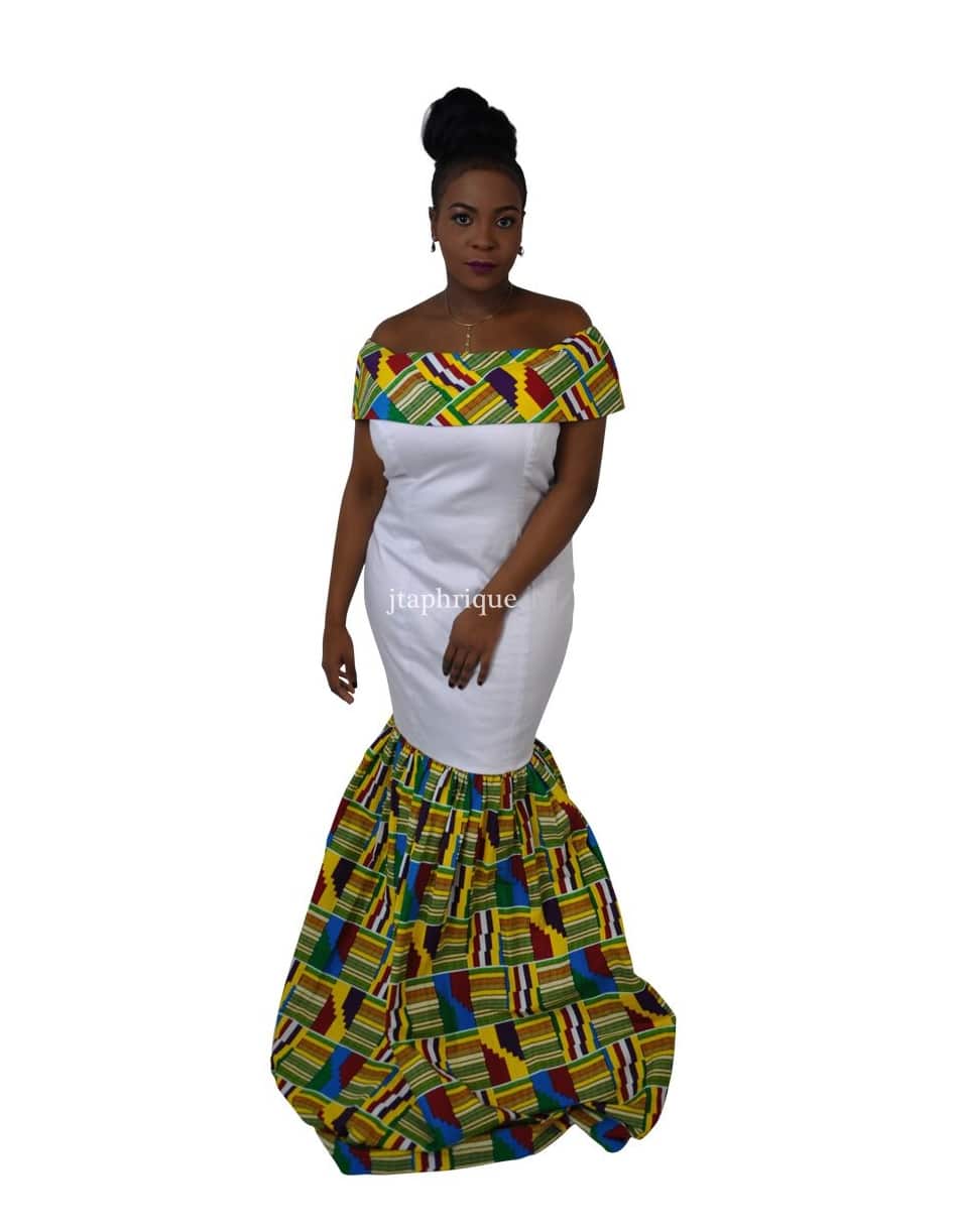 White & Kente Fusion Silhouette Dress
