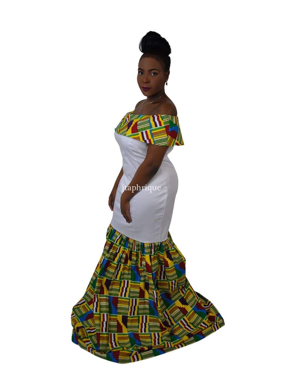 White & Kente Fusion Silhouette Dress - Image 3