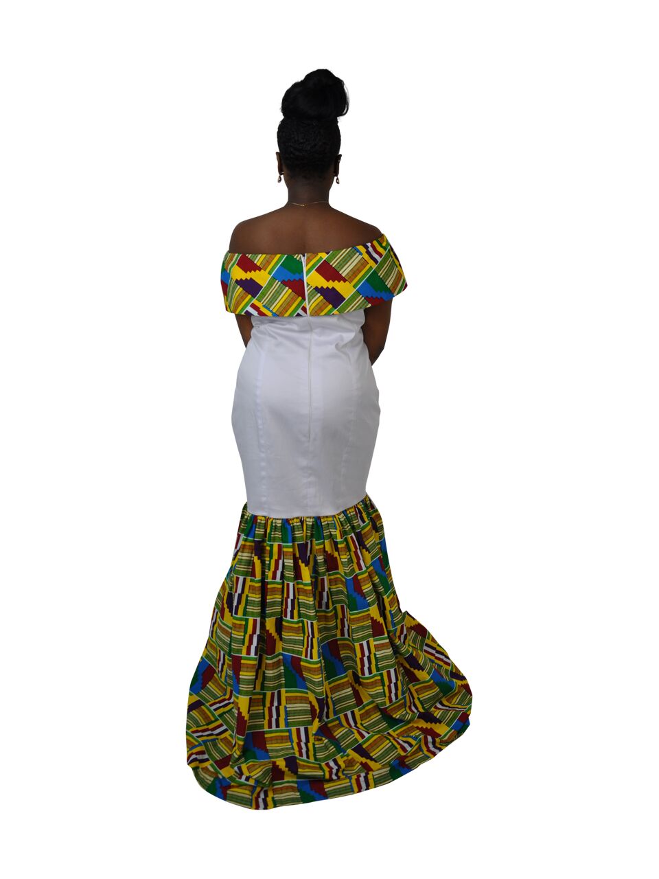White & Kente Fusion Silhouette Dress - Image 4