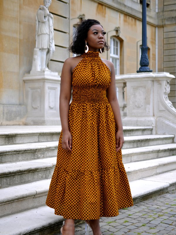 Denise Mustard Stunning Ankara High-neck Halter Maxi