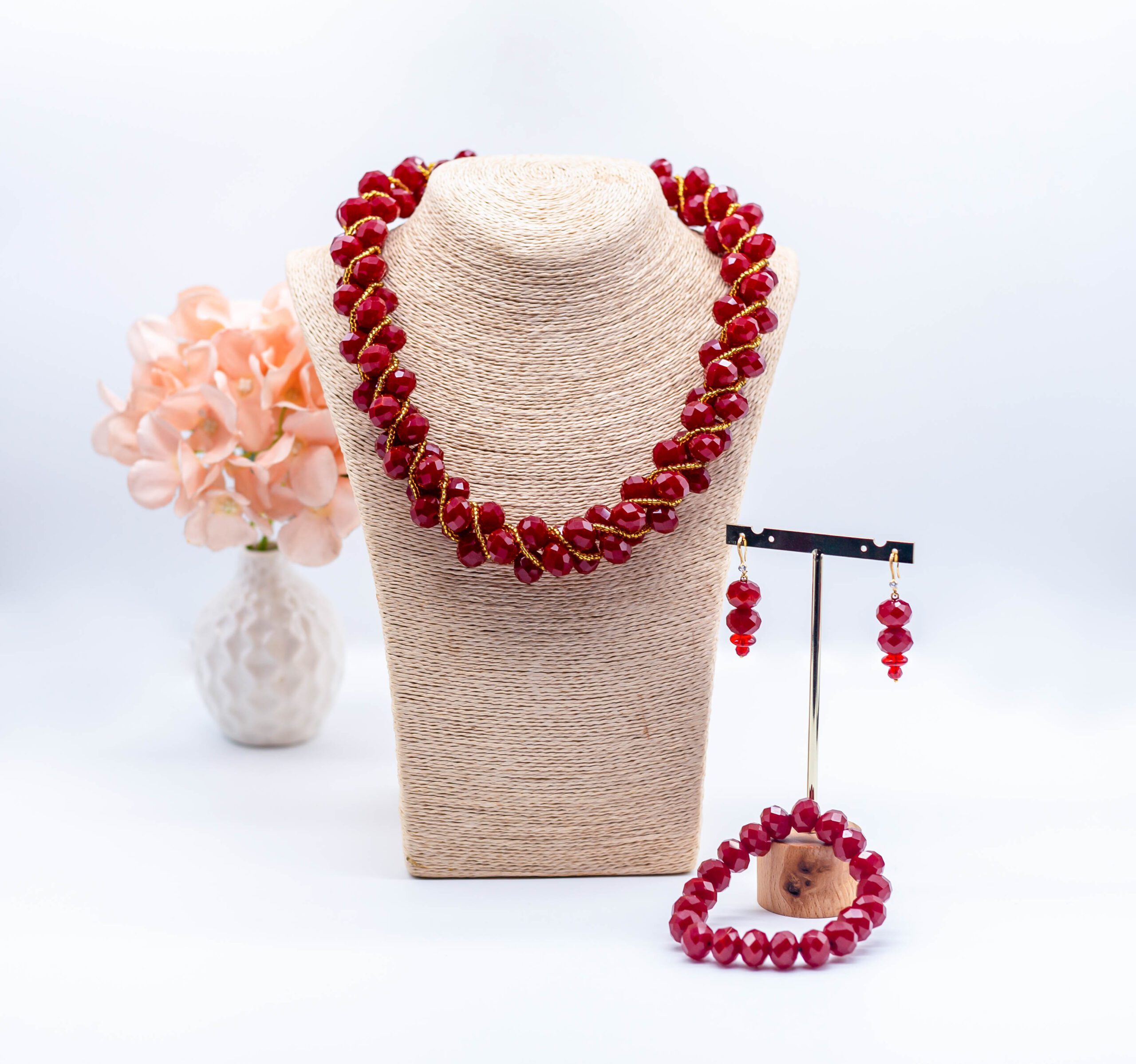 Aurora Red and Gold Threaded Beaded Necklace Set - Image 2