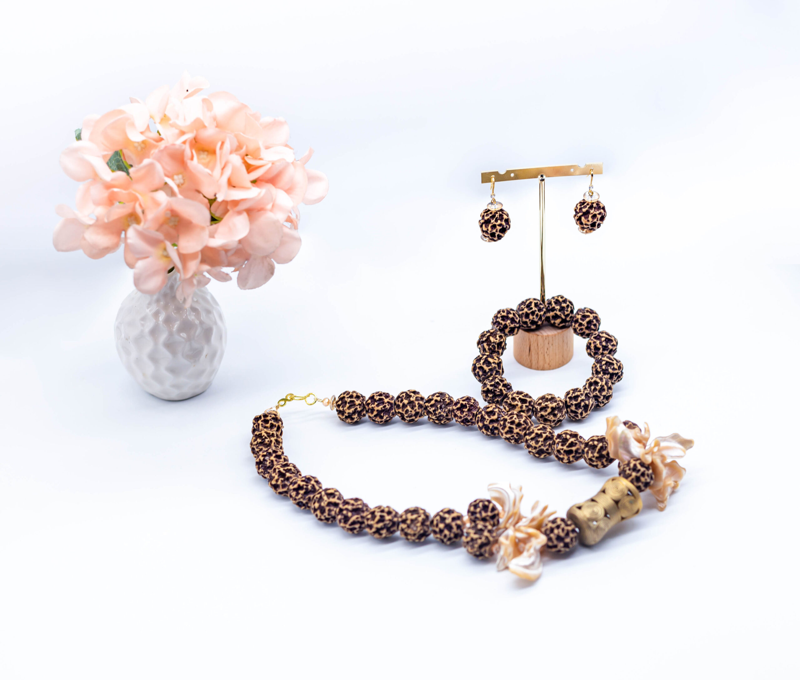 Brown Coral Stone and Pearly Seashell Necklace Set - Image 2