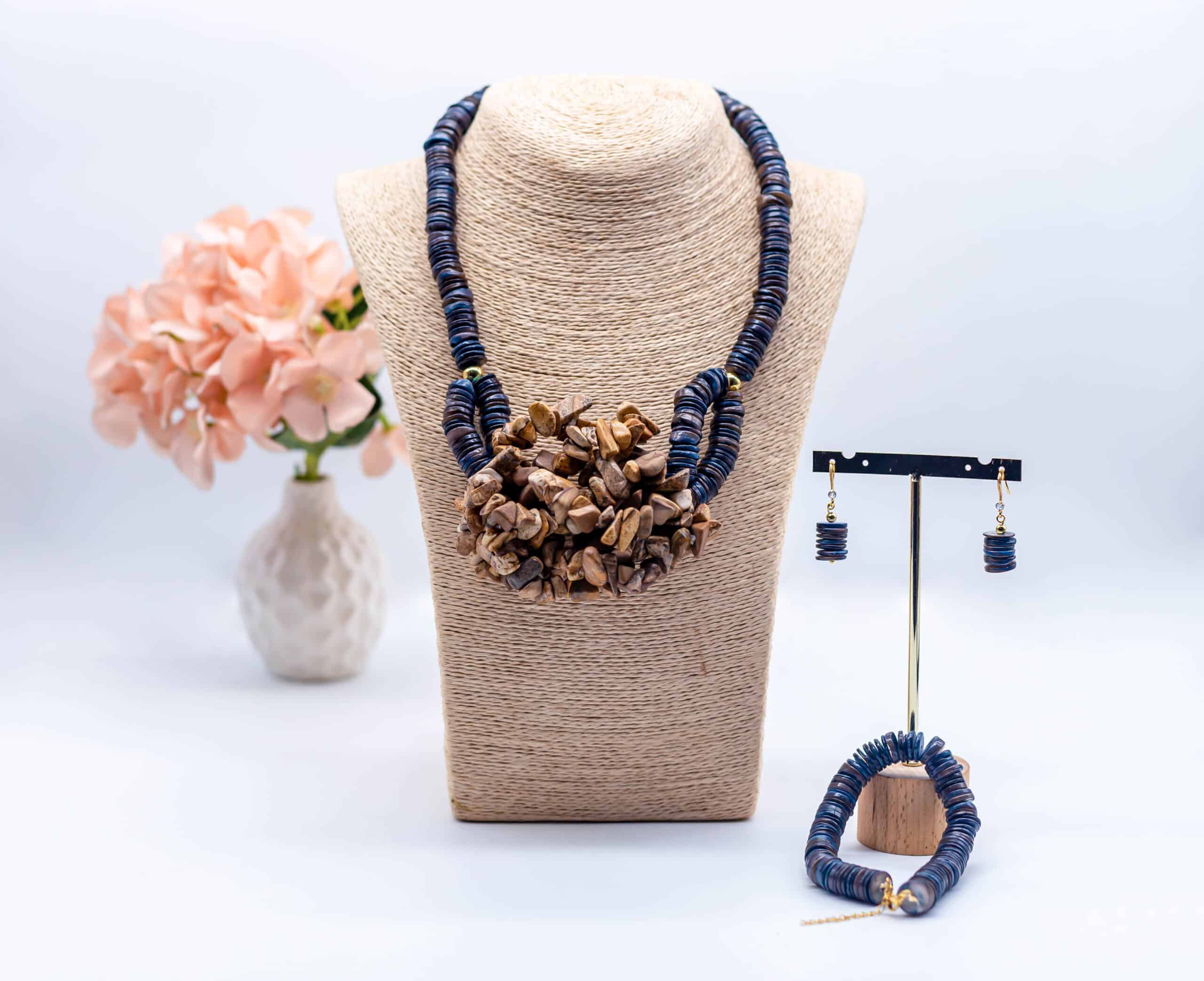 Omp Navy Blue and Brown Wooden Beaded Necklace Set