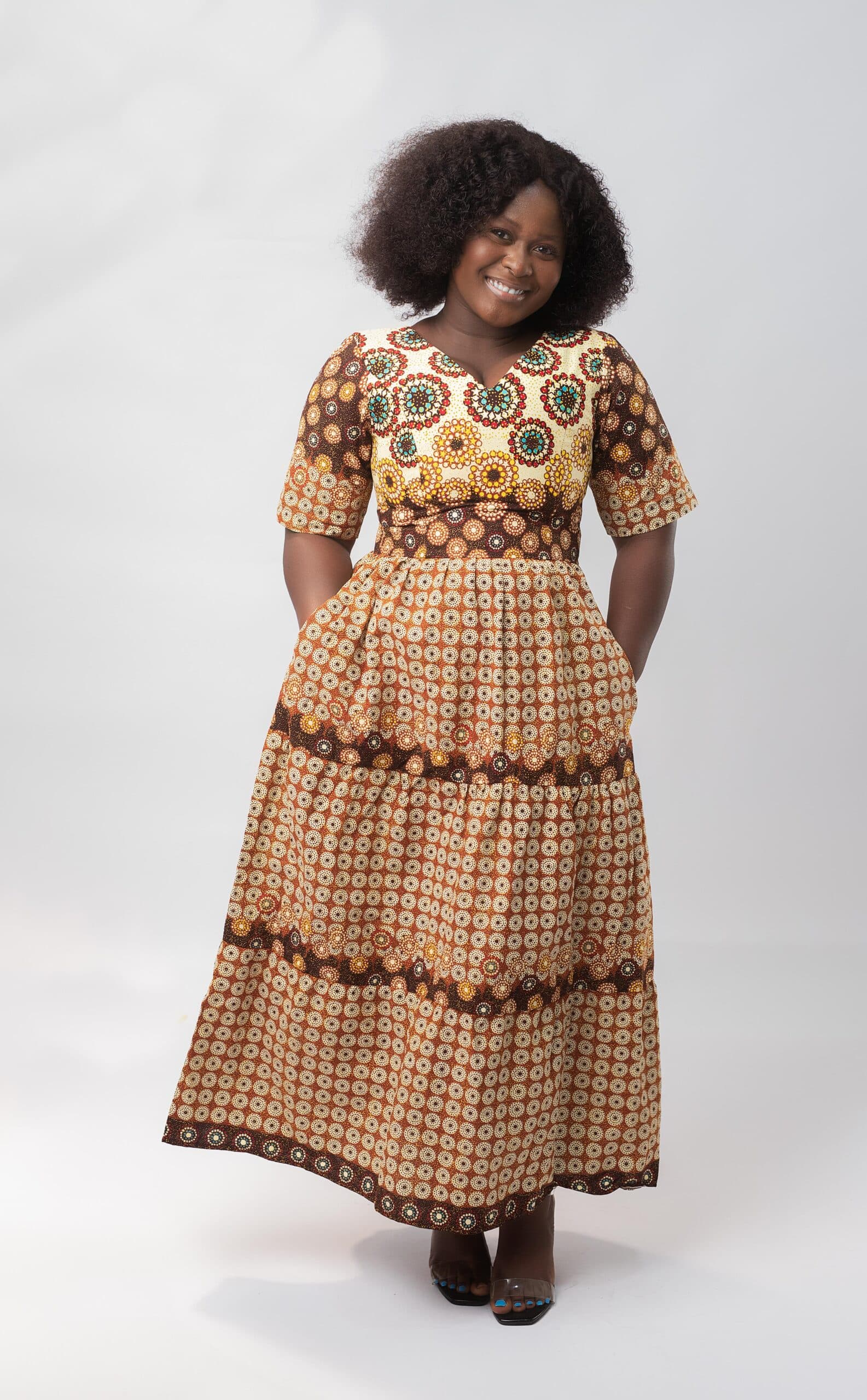Tawny V-Neck Ankara Patterned African Dress