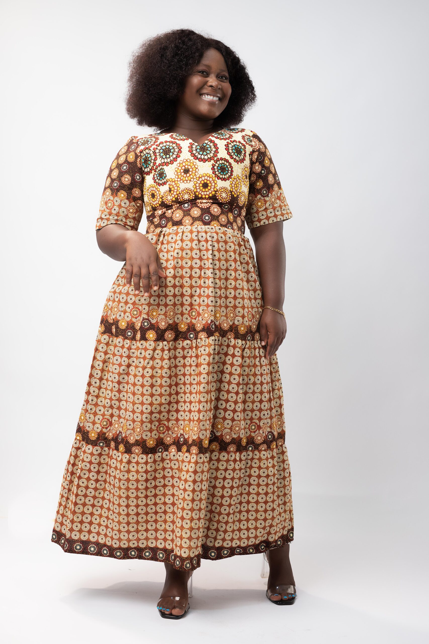 Tawny V-Neck Ankara Patterned African Dress - Image 2