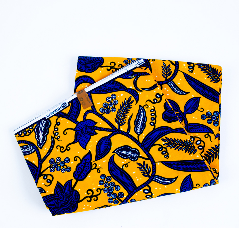 Authentic African Ankara Mustard & Blue Floral Fabric - Image 3