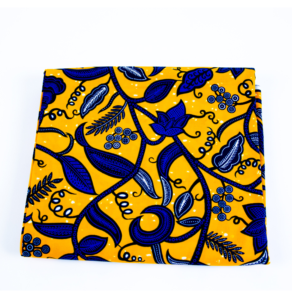 Authentic African Ankara Mustard & Blue Floral Fabric