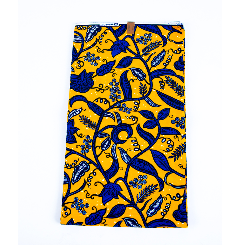 Authentic African Ankara Mustard & Blue Floral Fabric - Image 2