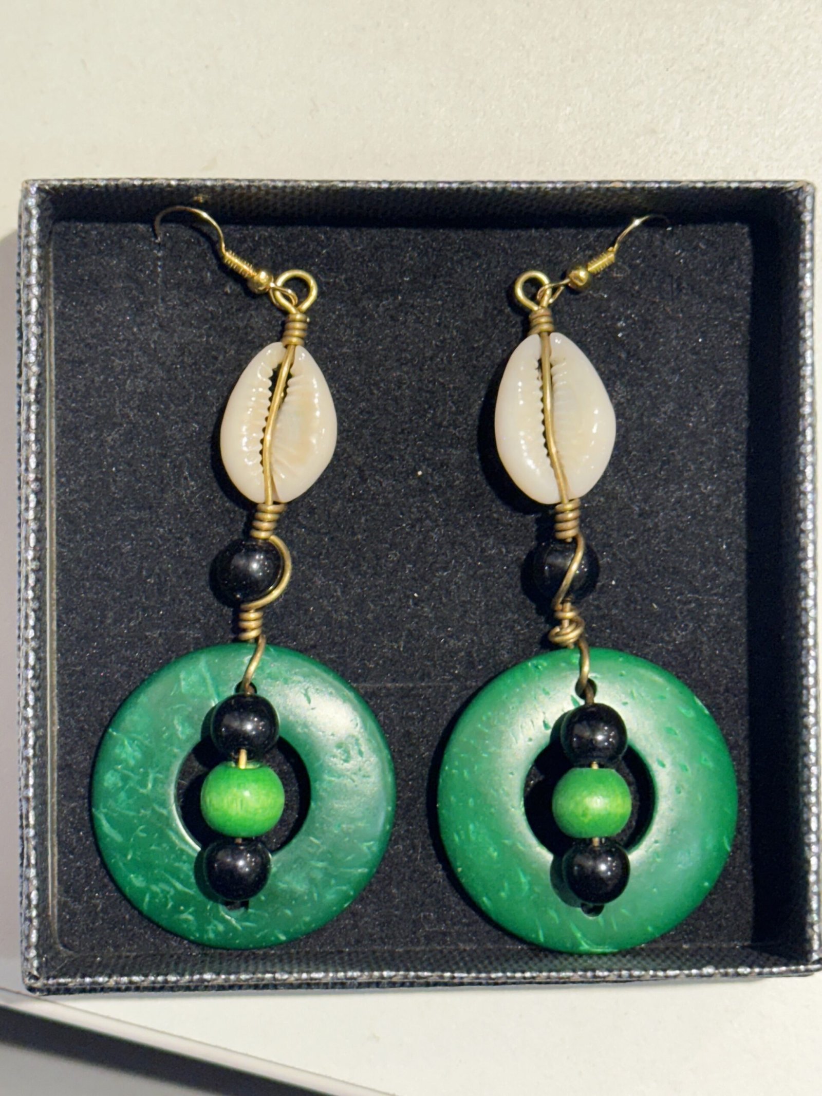 Handmade Green Hoop & Cowrie Shell Kenyan Beaded Earrings - Image 2