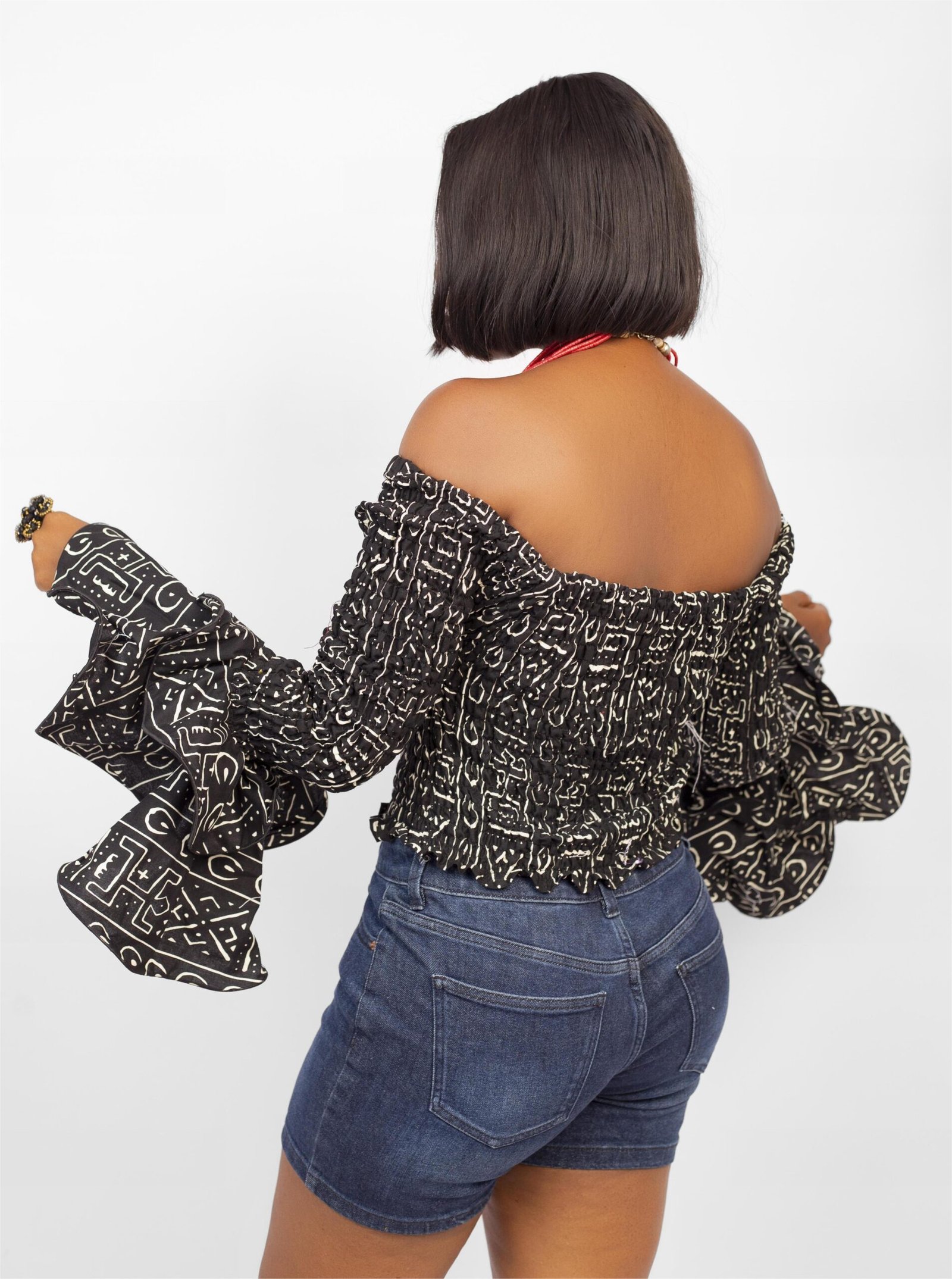 Tife Off Shoulder Bell Sleeve African Print Crop Top - Image 3