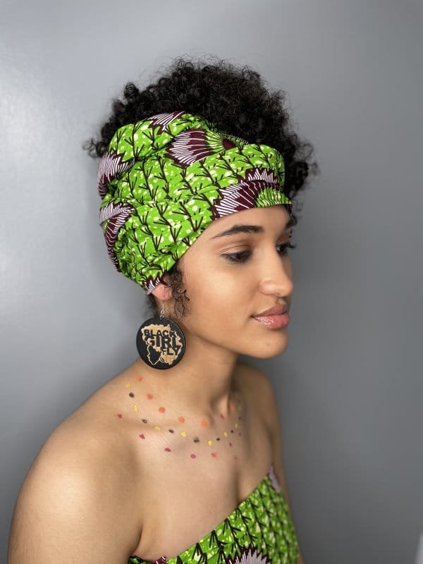 Green African Print Head Wrap / Scarf & Earrings Gift Set - Image 2