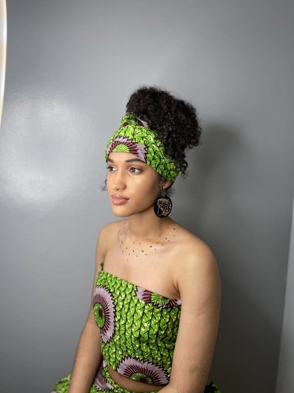 Green African Print Head Wrap / Scarf & Earrings Gift Set - Image 4
