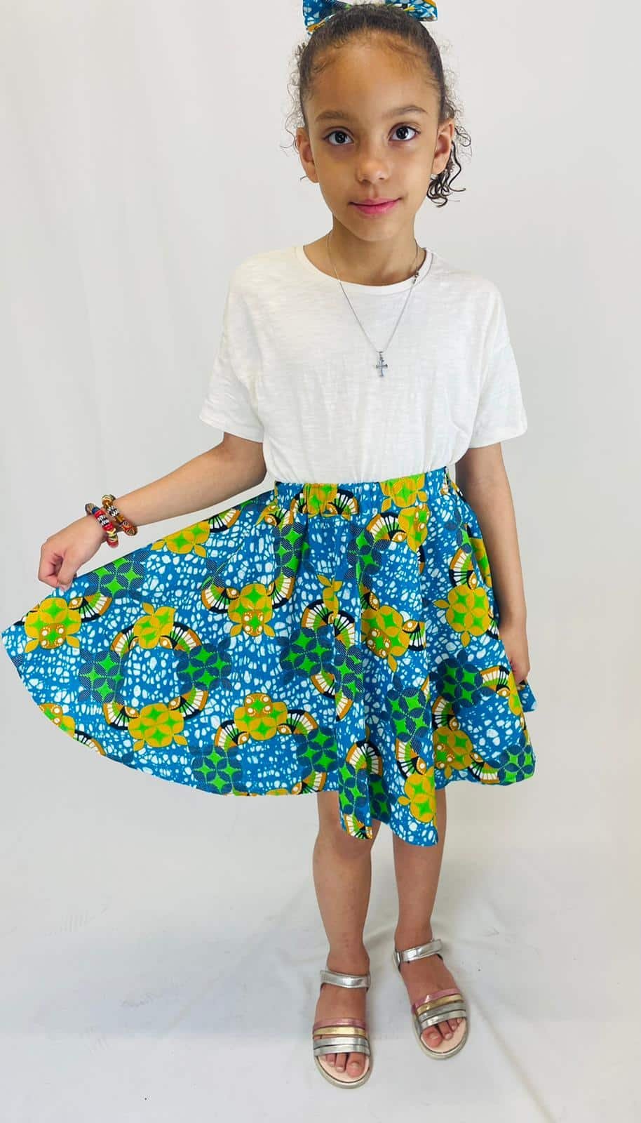 Beautiful Blue Fusion Multi Ankara Kids Bow & Skirt Set