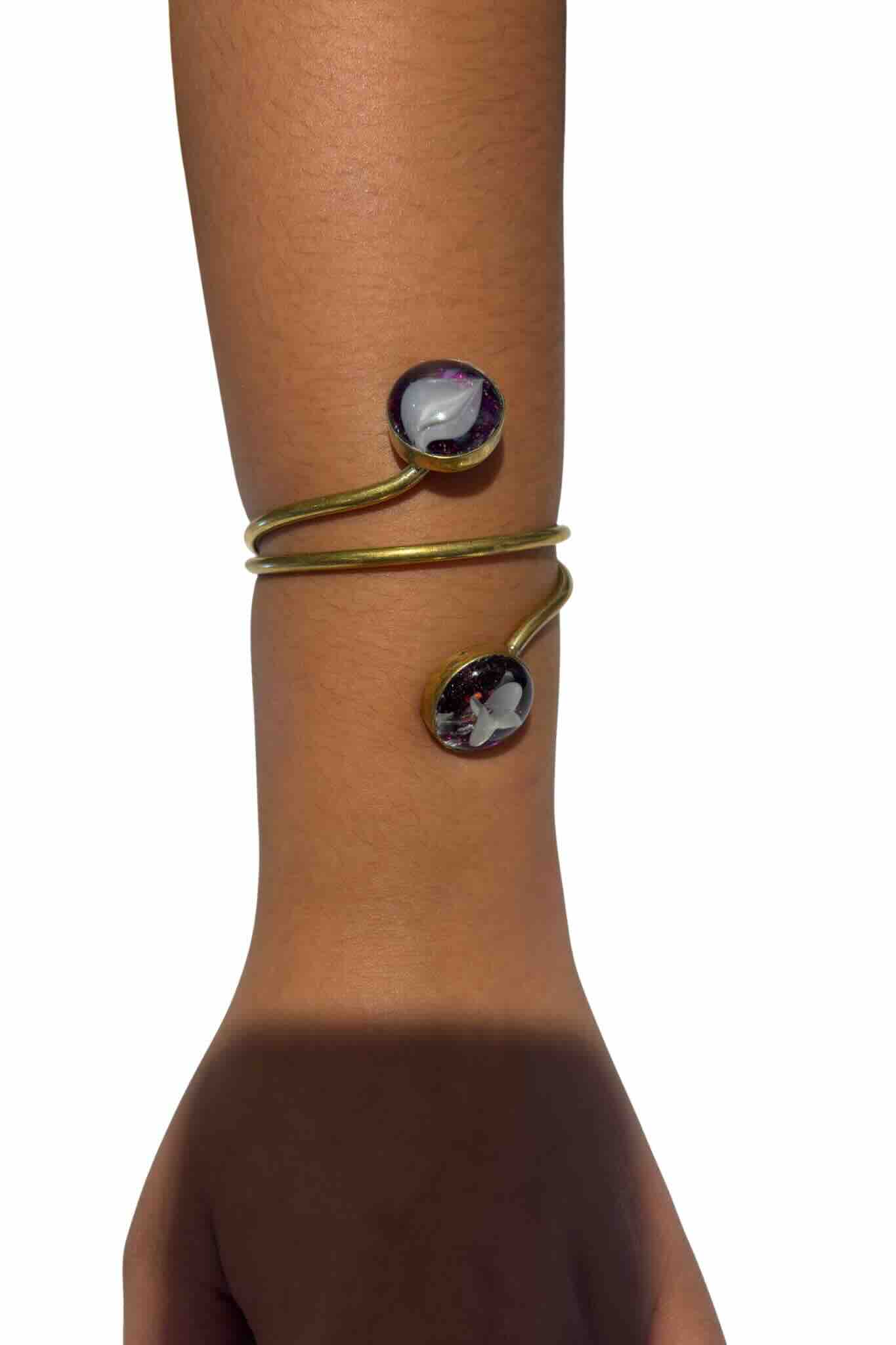 Adjustable Brass Bracelet with Resin Stone Accents