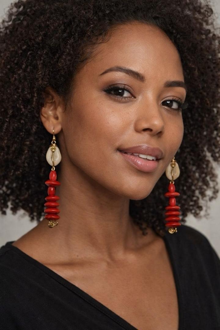 Handmade Red & Cowrie Shell Long Kenyan Beaded Earrings