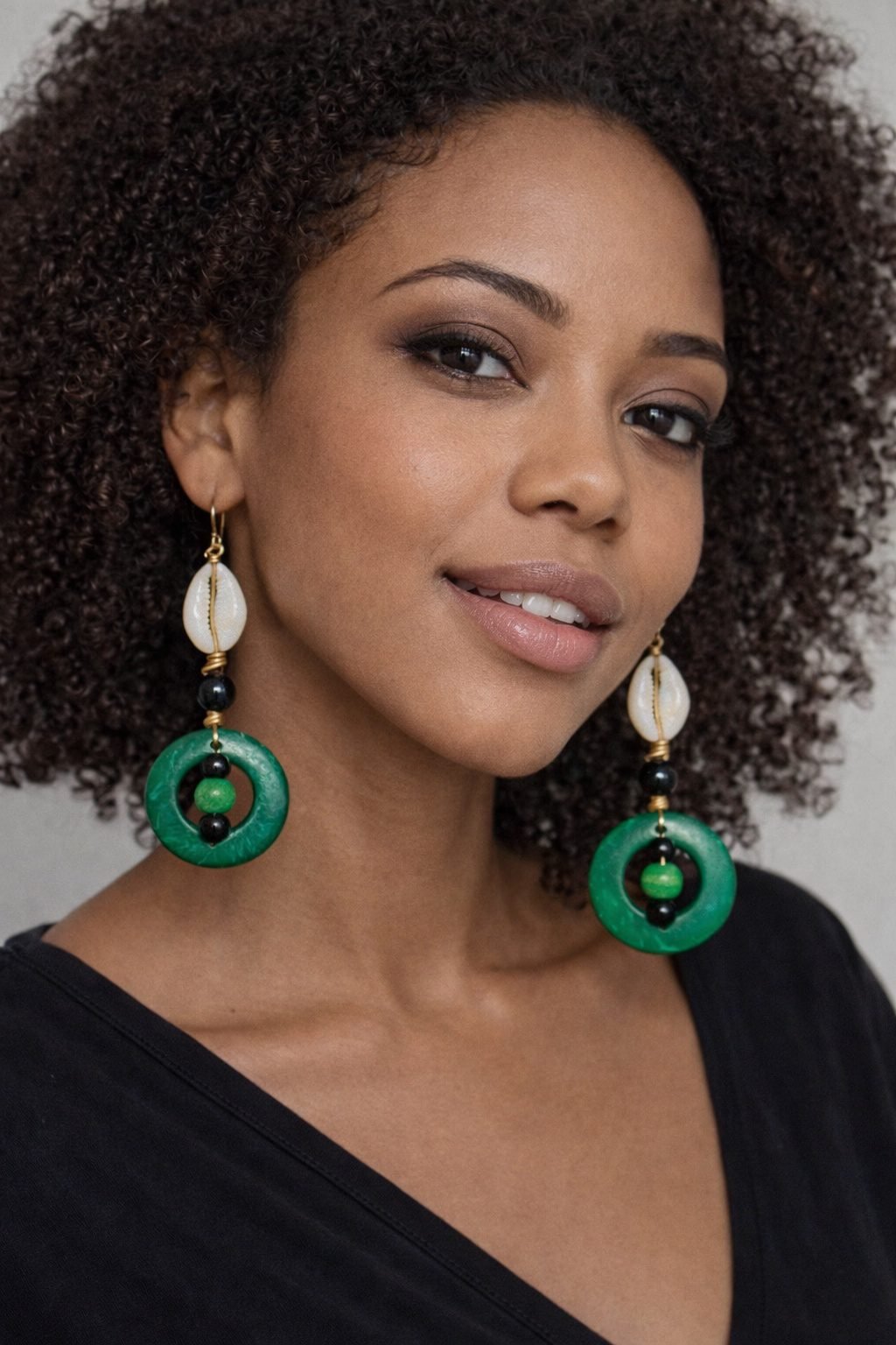 Handmade Green Hoop & Cowrie Shell Kenyan Beaded Earrings