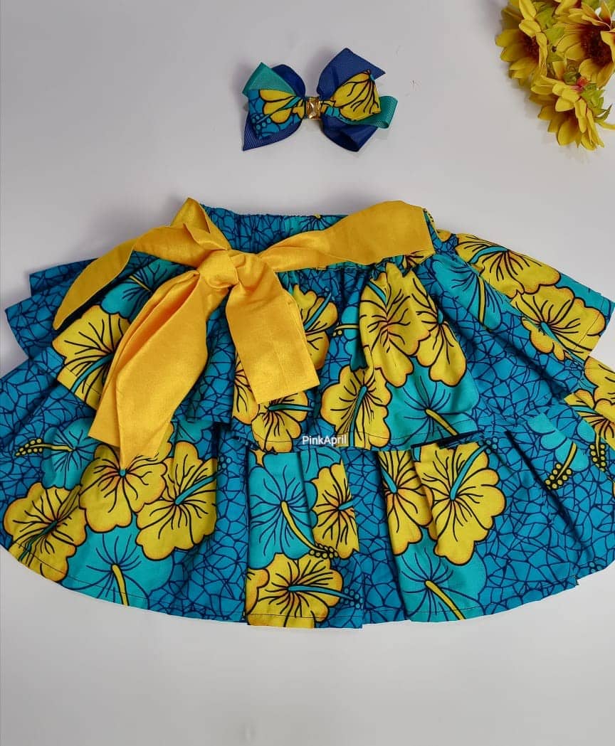 Fabulous Folami Blue Multi Ankara Kids Bow & Skirt Set