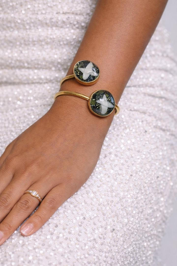 Adjustable Brass Bracelet with Resin Stone Accents