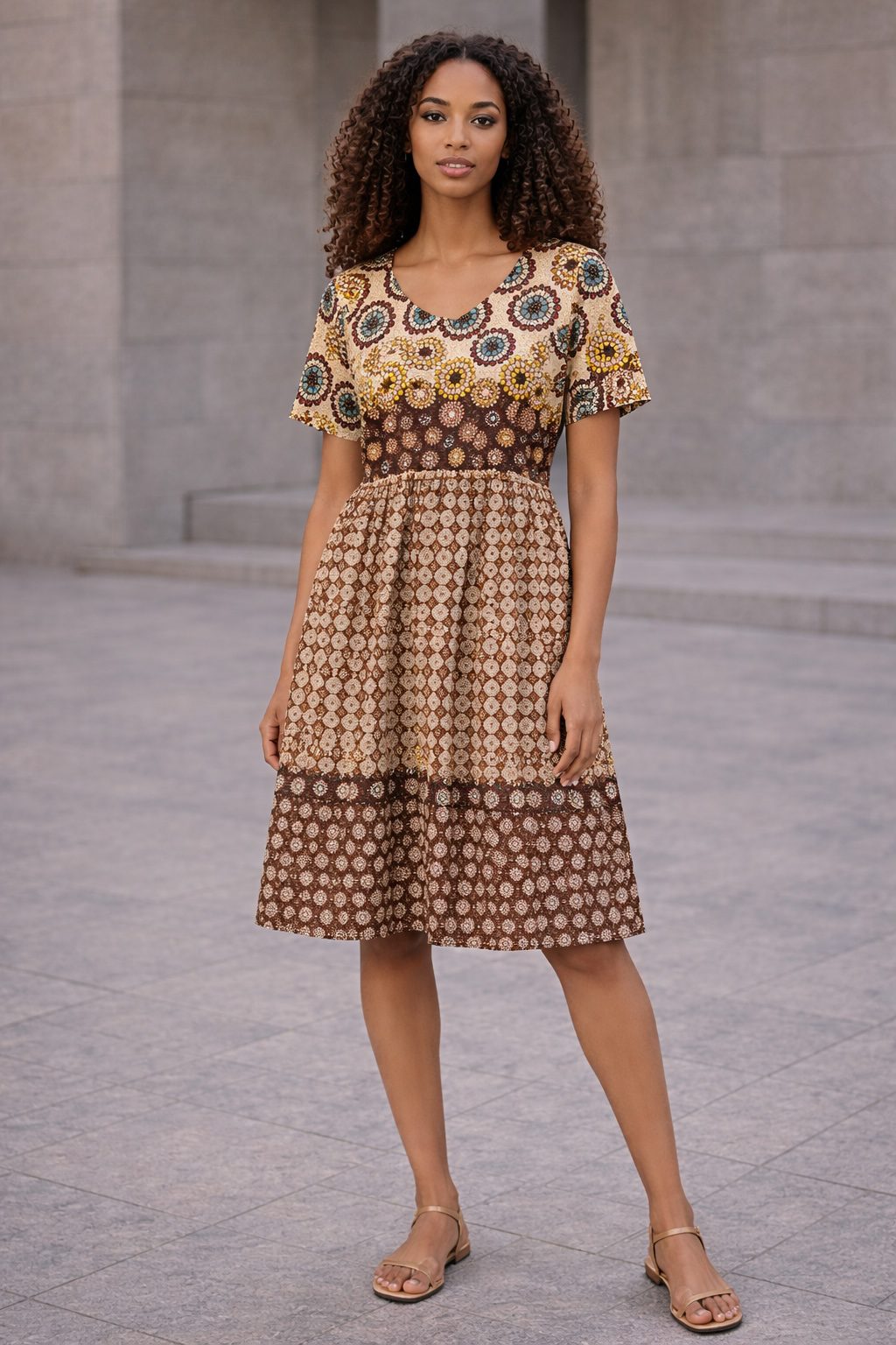 Brown African Print Fit and Flare Midi Dress