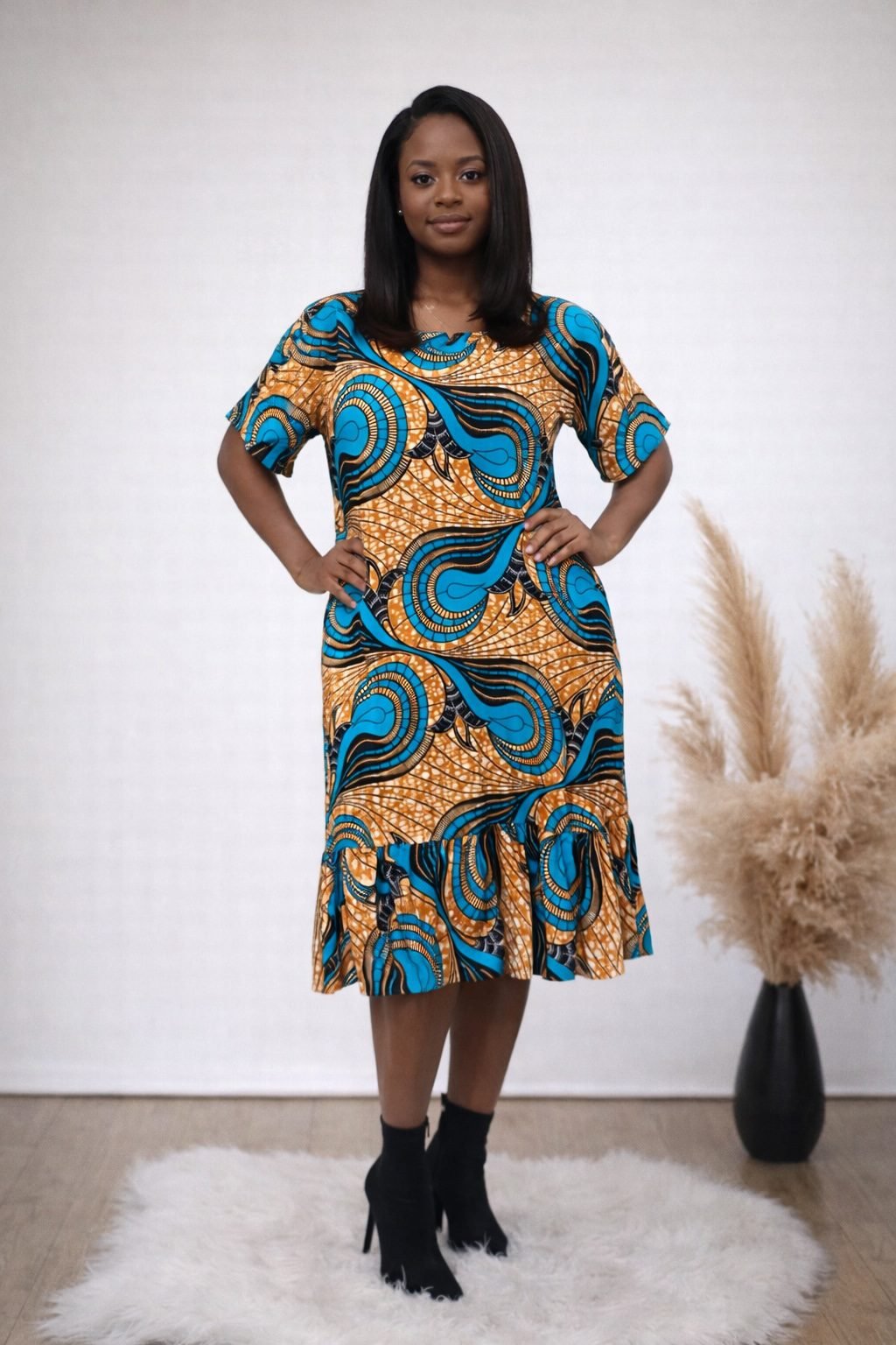 African Print Drop-Waist Midi Dress – Teal & Mustard Swirl
