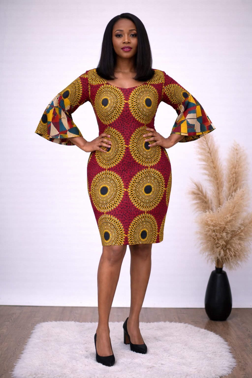 Red African Print Fitted Dress with Statement Bell Sleeves