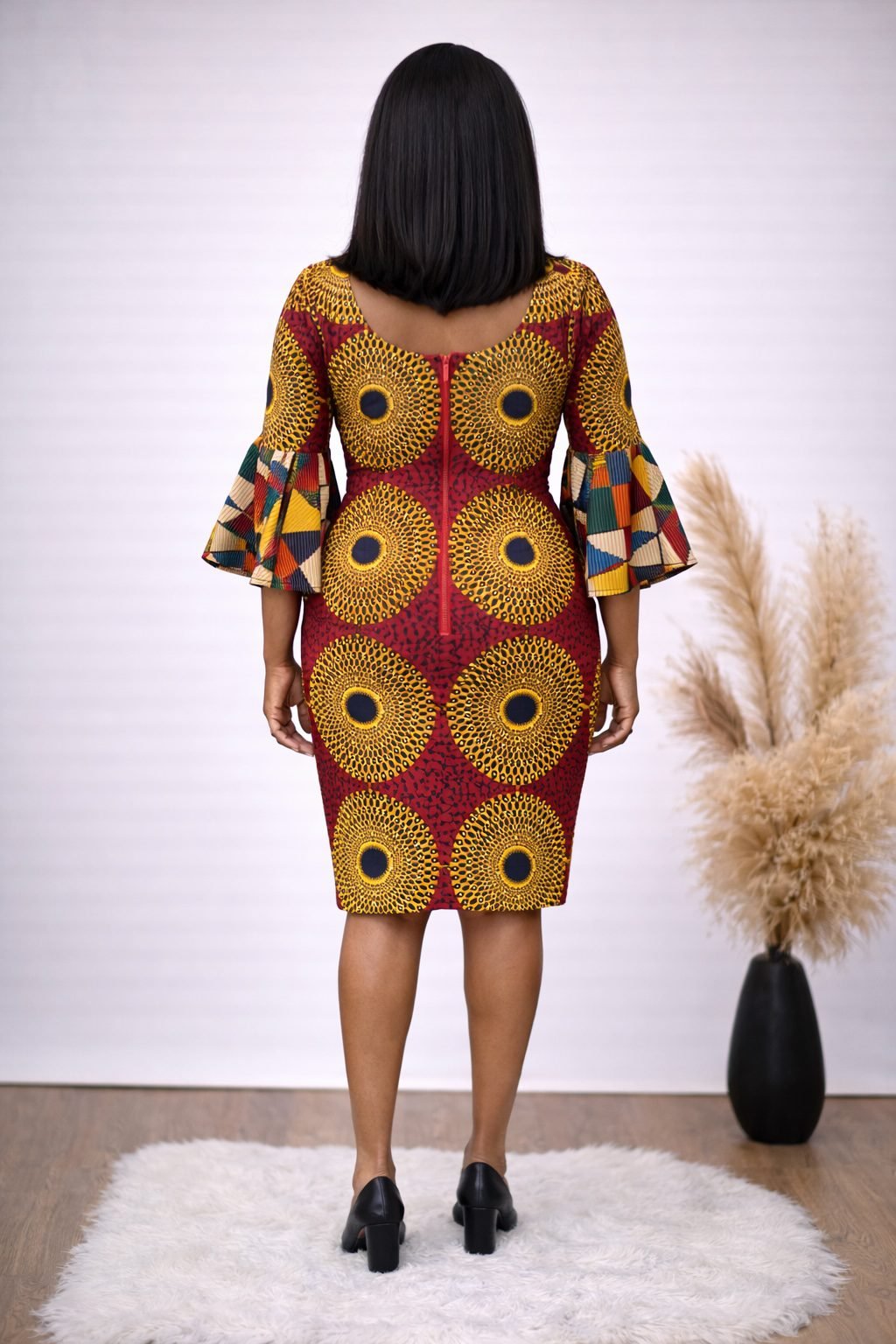 Red African Print Fitted Dress with Statement Bell Sleeves - Image 3
