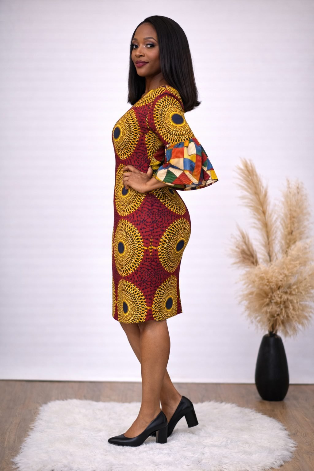 Red African Print Fitted Dress with Statement Bell Sleeves - Image 5