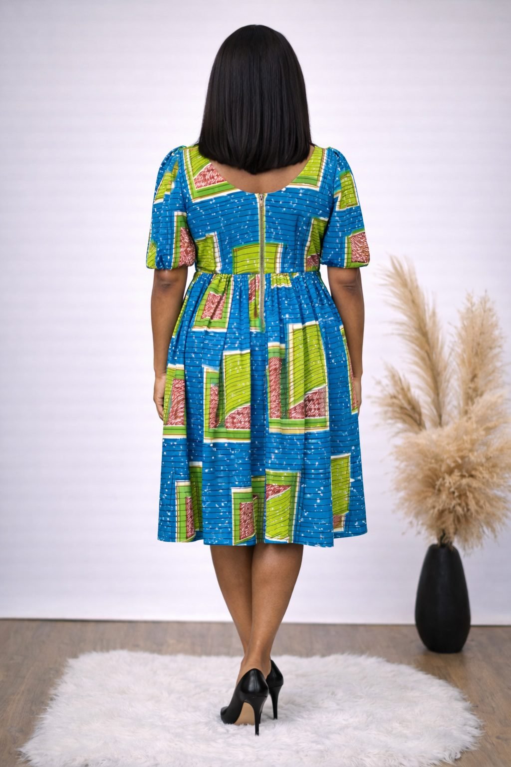 Blue African Print Fit and Flare Midi Dress - Image 3