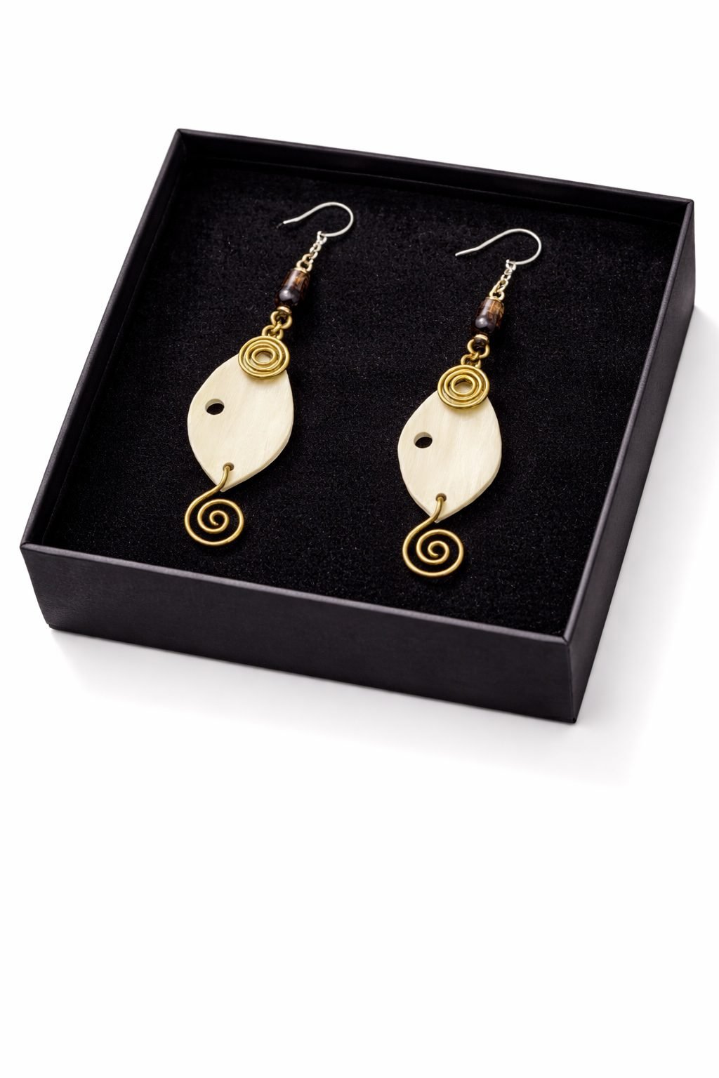 African Horn & Gold Spiral Statement Drop Earrings - Image 3