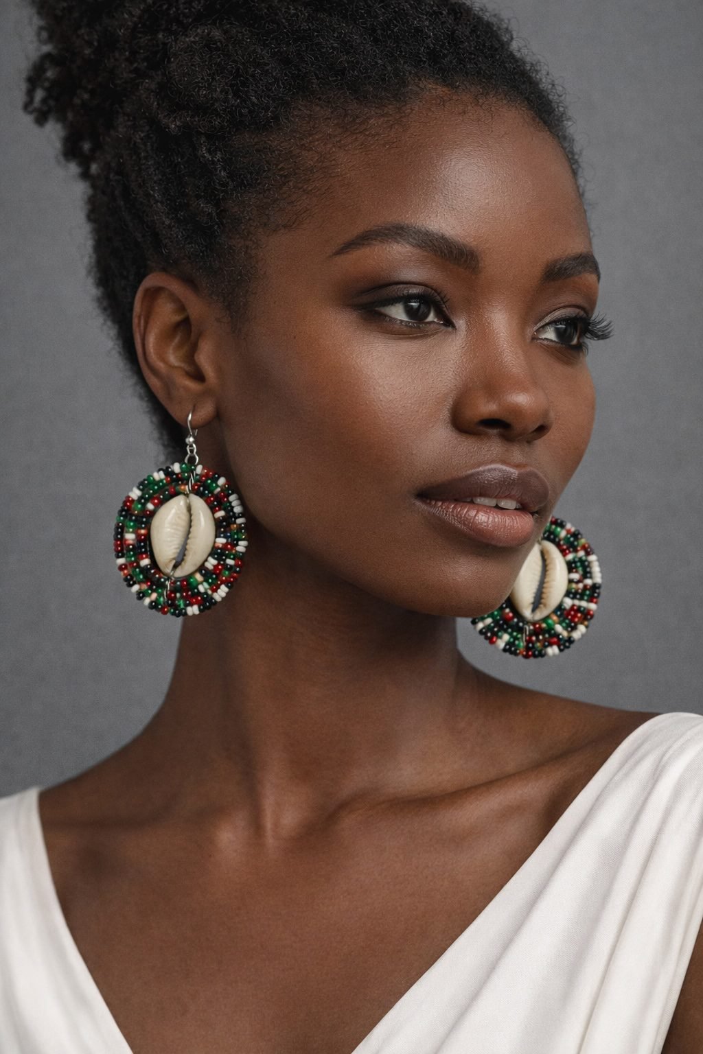 Handmade African Beaded Cowrie Shell Hoop Earrings