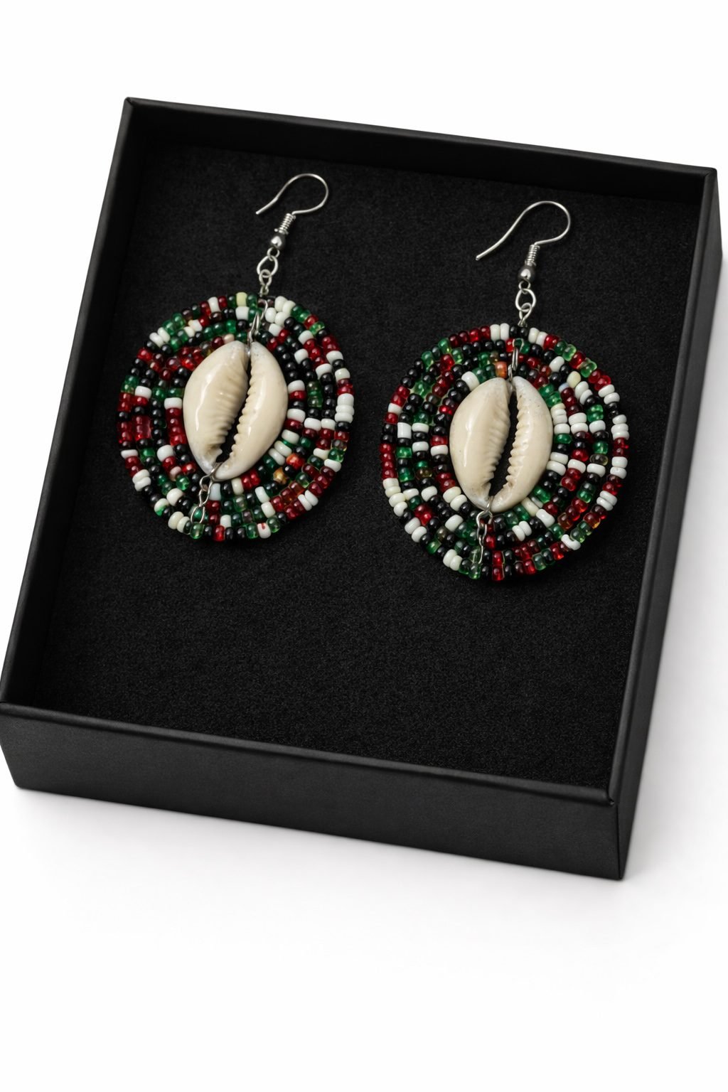Handmade African Beaded Cowrie Shell Hoop Earrings - Image 3