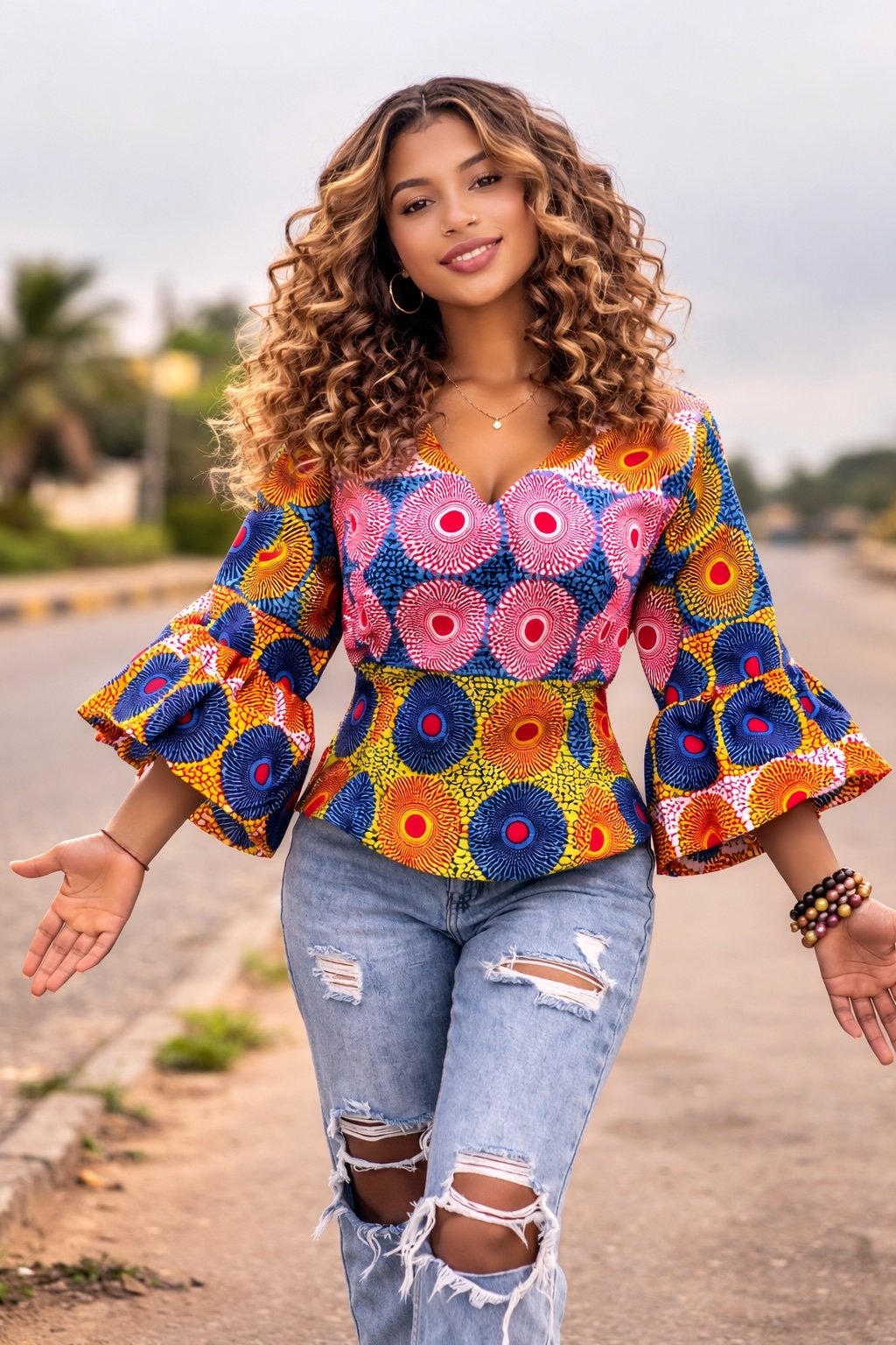 Vibrant Circular Print African Peplum Blouse