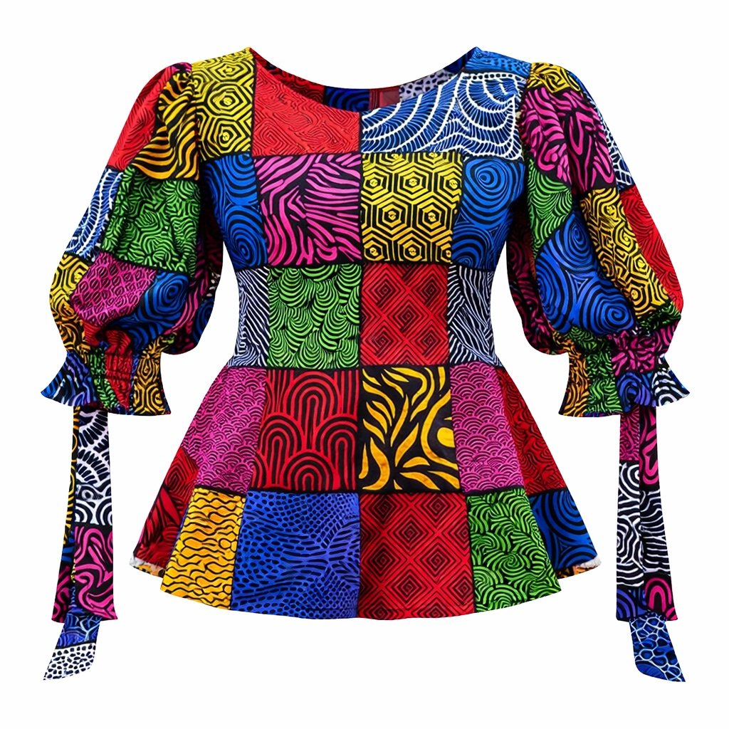 Multicolour Patchwork African Print Peplum Blouse - Image 2