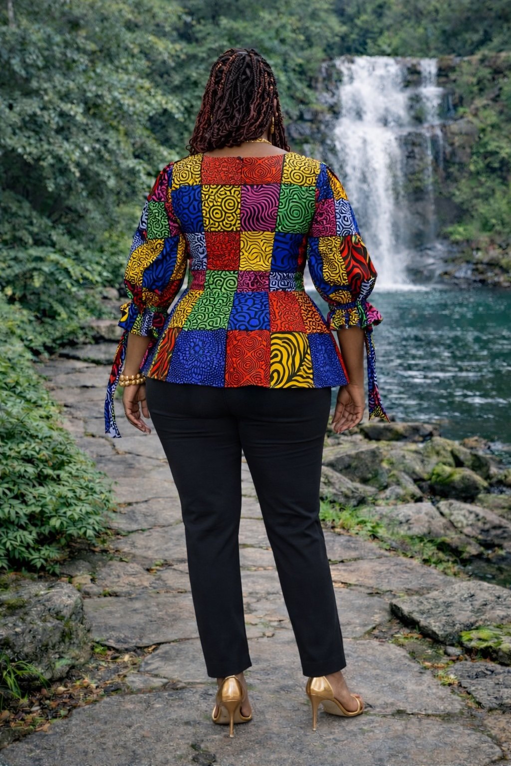 Multicolour Patchwork African Print Peplum Blouse - Image 5