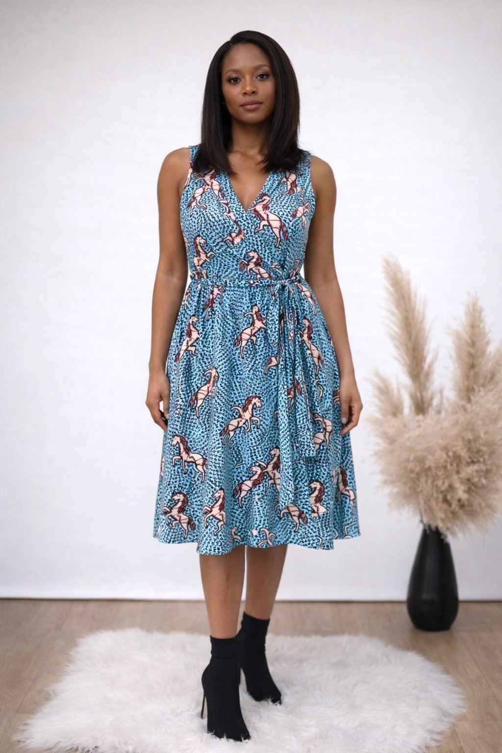Teal African Print Sleeveless Midi Dress with Tie Waist