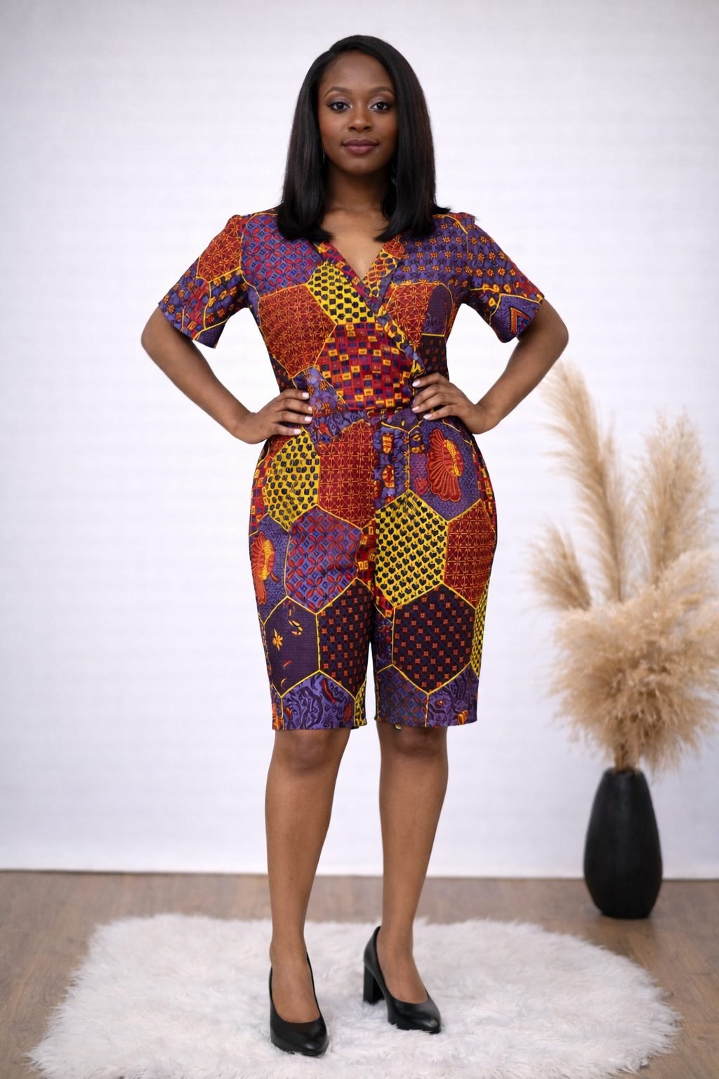 Multicolour African Print Short Jumpsuit with Tie Waist
