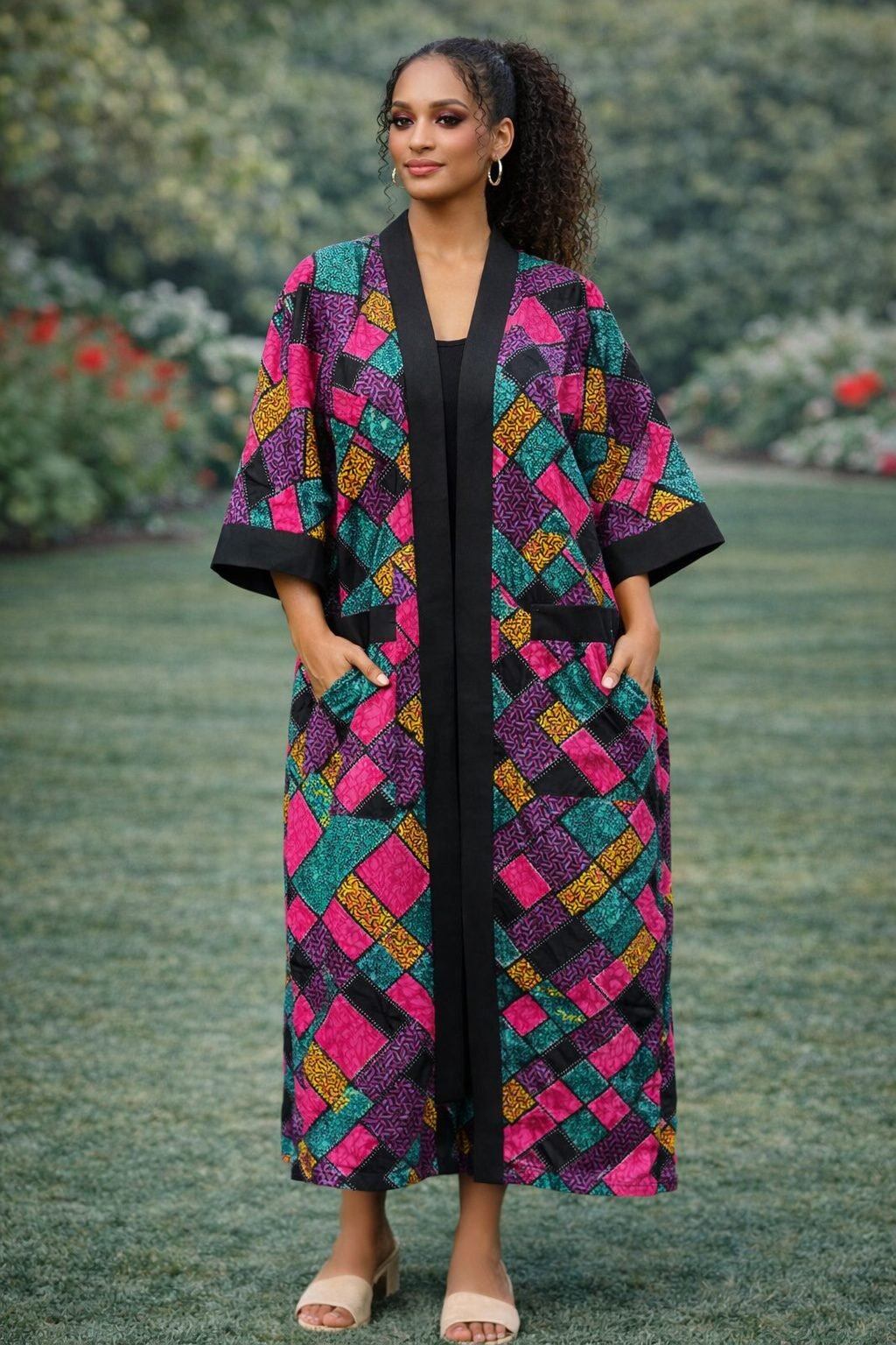 Colourful African Patchwork Kimono Jacket – Long Ankara Open Front Coat with Pockets