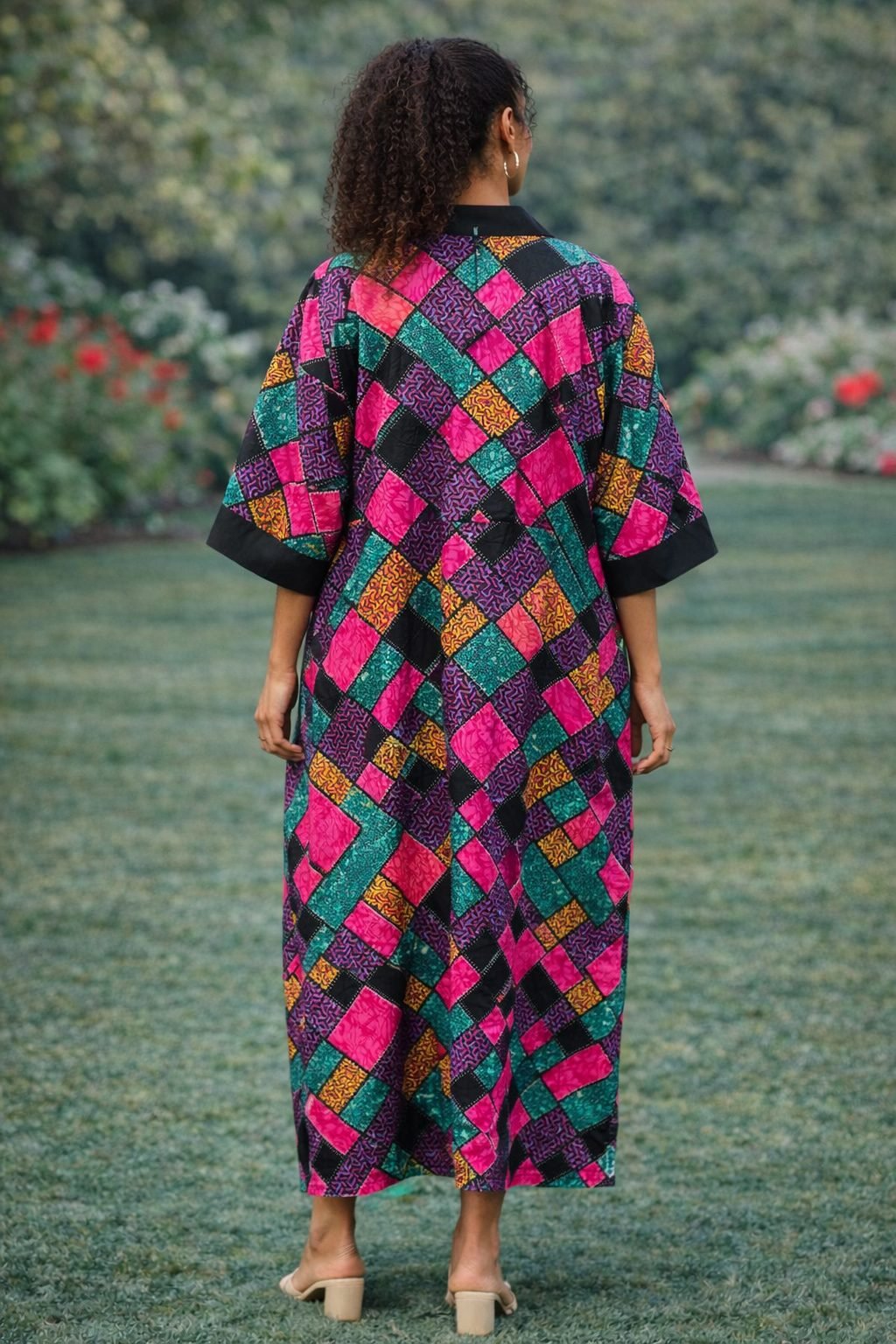 Colourful African Patchwork Kimono Jacket – Long Ankara Open Front Coat with Pockets - Image 3