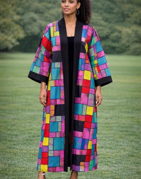 Colourful African Patchwork Long Kimono Jacket – Ankara Open Front Statement Coat
