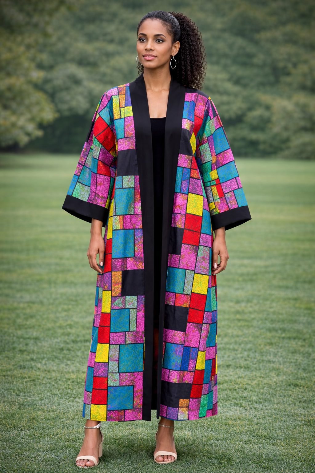 Colourful African Patchwork Long Kimono Jacket – Ankara Open Front Statement Coat