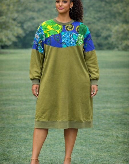 Olive Green African Print Sweatshirt Dress – Casual Ankara Patchwork Midi Dress