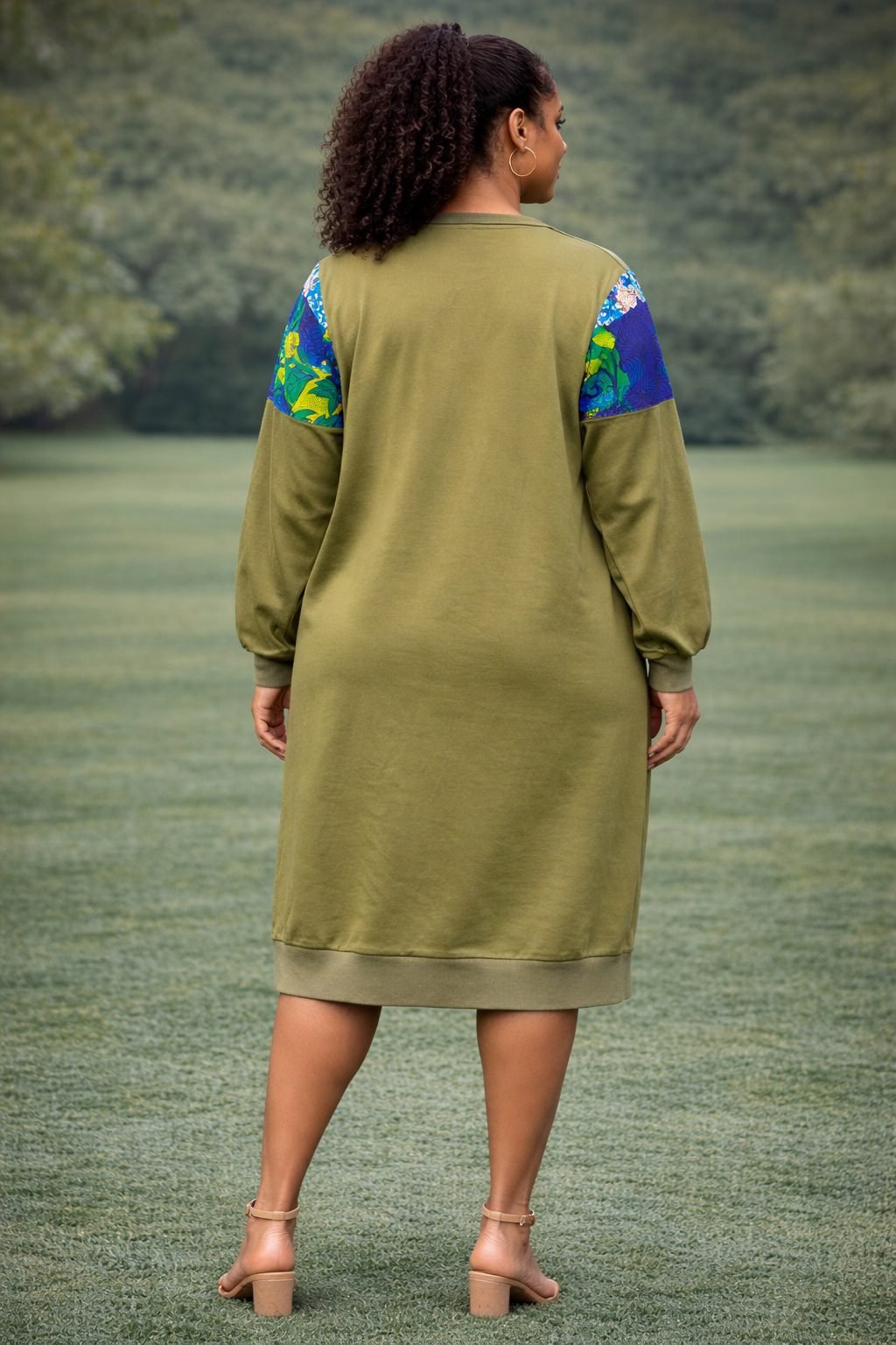Olive Green African Print Sweatshirt Dress – Casual Ankara Patchwork Midi Dress - Image 3
