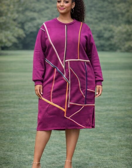 Magenta Casual Sweatshirt Dress with Geometric Trim – Modern Long Sleeve Midi Dress