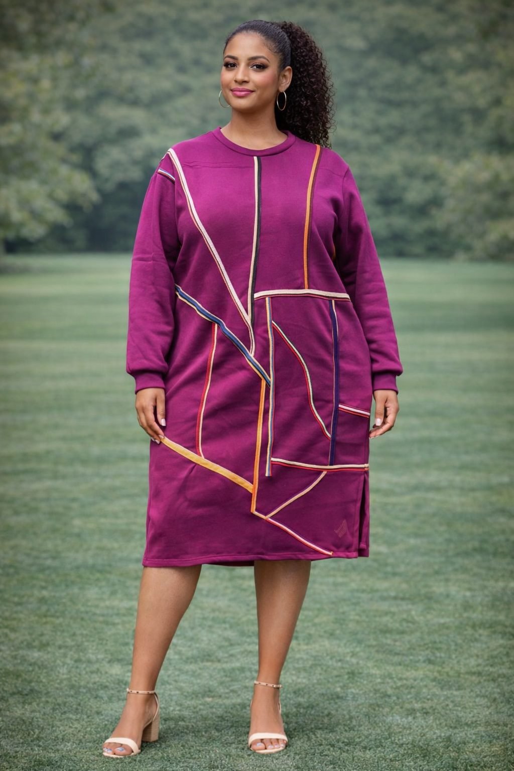 Magenta Casual Sweatshirt Dress with Geometric Trim – Modern Long Sleeve Midi Dress