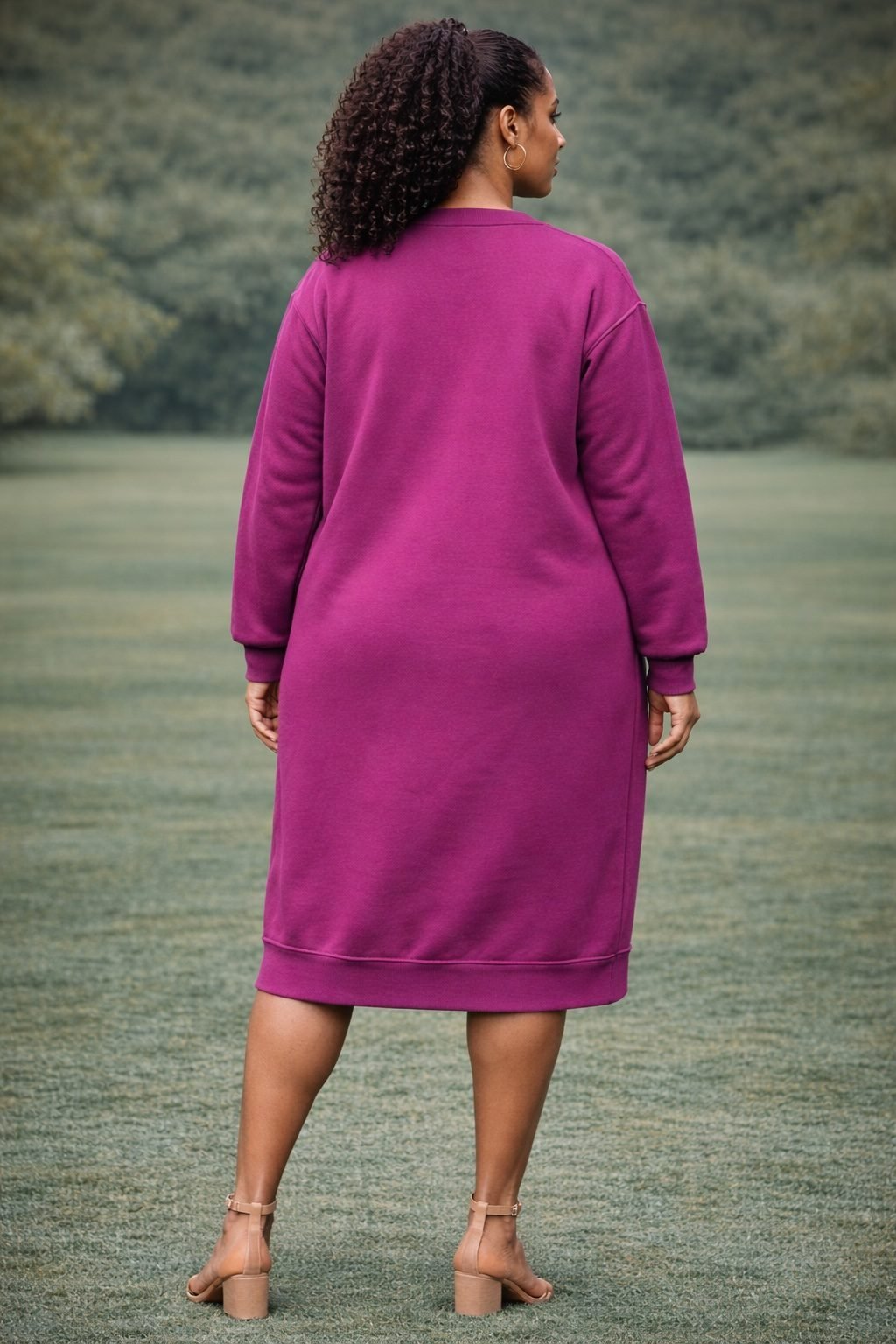 Magenta Casual Sweatshirt Dress with Geometric Trim – Modern Long Sleeve Midi Dress - Image 3