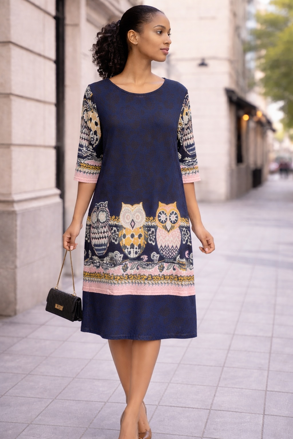 Navy Owl Print Midi Dress