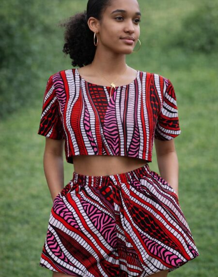 Women’s Red Pink African Print Crop Top and Shorts Set