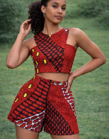 Women’s Red African Print One-Shoulder Crop Top and Shorts Set