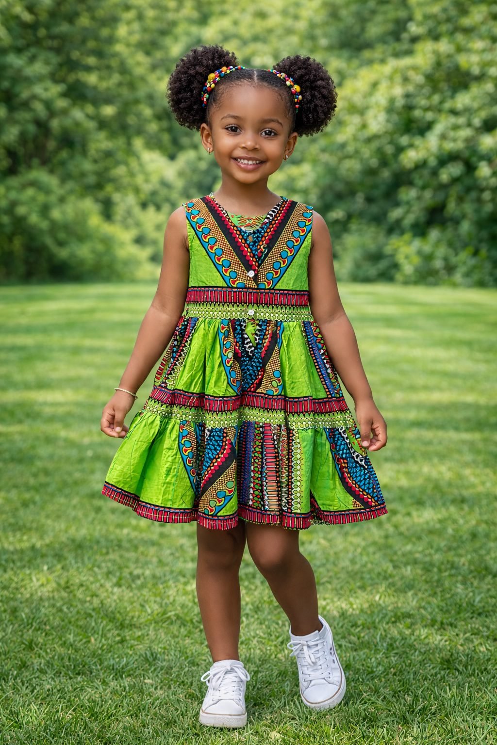 Girls Green Ankara Tiered Dress – African Print Summer Party Dress
