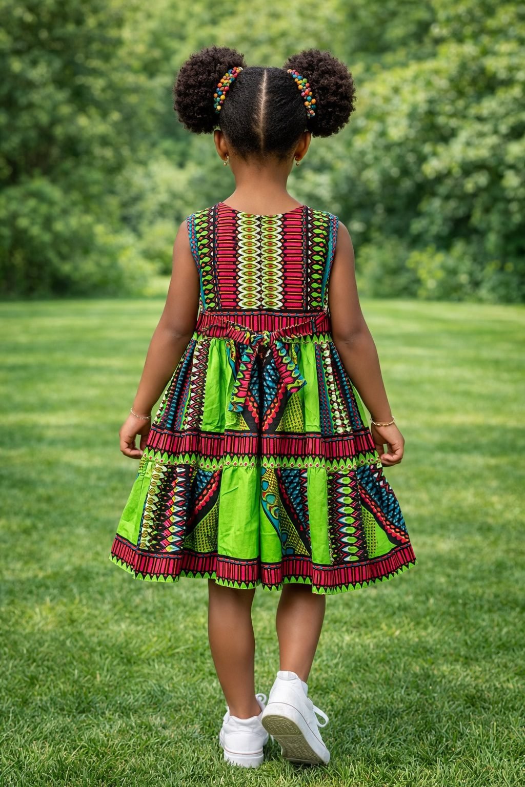 Girls Green Ankara Tiered Dress – African Print Summer Party Dress - Image 3